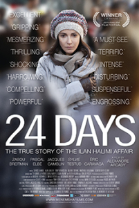 Movie poster for the movie "24 Days".  The poster shows a woman wrapped in a coat, scarf, and hat.